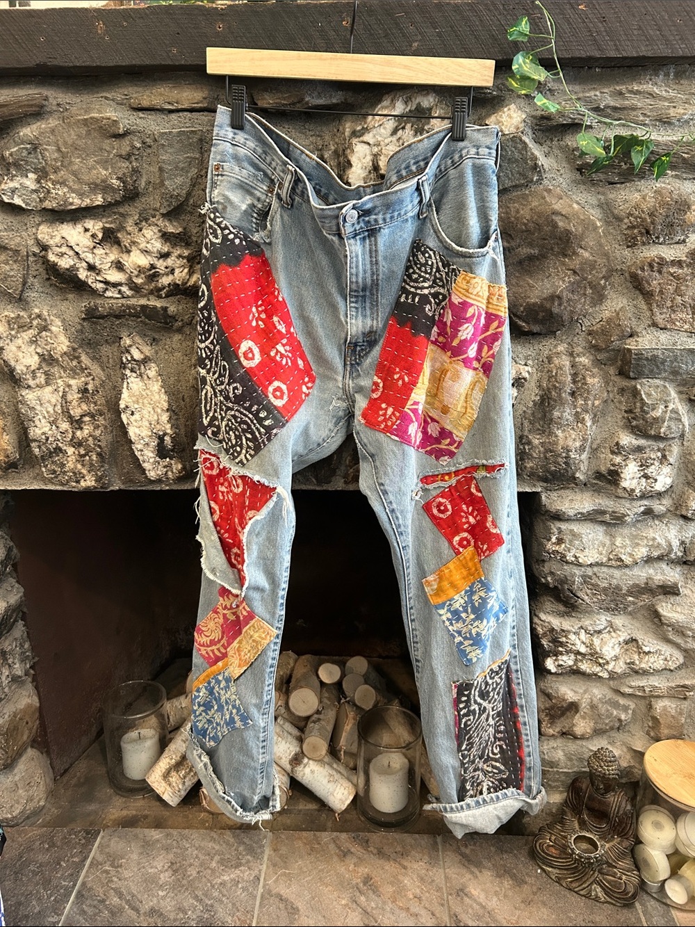 CUSTOM DESIGNED Levi’s jeans Kantha patched jeans OOAK 36x34 distressed worn in!